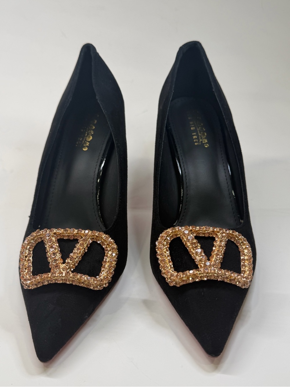 Seven Big Tree Women’s Black Pointed Toe Pumps Rhinestone Buckle New